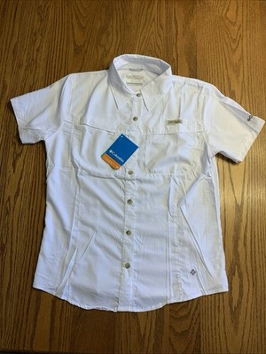 COLUMBIA PFG Womens White Nylon S/S SHIRT  Size L  Omni-Shade 30 (11-0010) NWT