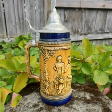 VTG Gerz W. Germany Original Gerzit Lidded Beer Stein Pub Scene with Handle 9.5"