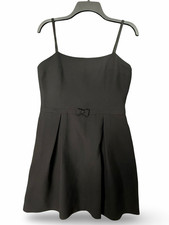 Vtg Bebe Y2K Fit Flare Mini Dress Sz 10 Black Bow Square Neck Pleated Party LBD