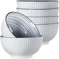 Set of 6, 6 30 oz Small Japanese Bowls, Blue White Porcelain, Striped, Soup