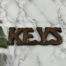Vintage 80s Wood Key Hook Wall Rack Carved Letter Art Small Entry Decor Brown