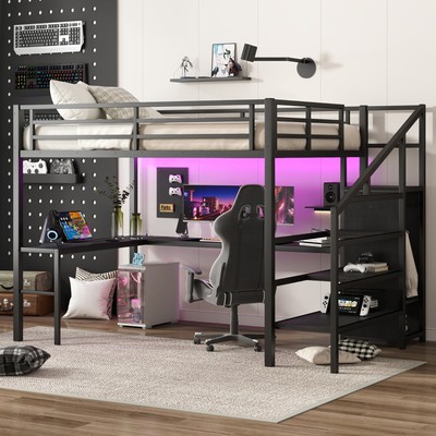 Queen Size Loft Bed with L-shaped Desk and USB, Metal Loft Bed with Wardrobe