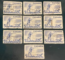 CANADA postage stamps lot of 10 old 5 cents 1957 hunting