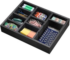 Desk Drawer Organizer Tray with 9 Adjustable Compartments, Wooden Office Black