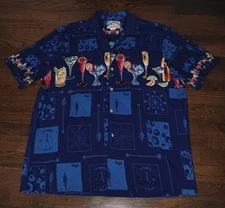 Paradise Found Hawaiian Shirt Mens XL Blue Happy Hour Cocktails Drinks Print USA
