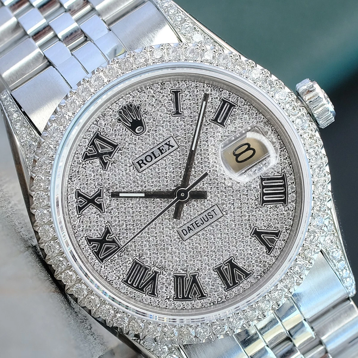 ROLEX MENS DATEJUST STAINLESS STEEL WATCH PAVE DIAL DIAMOND BEZEL 36MM 16014