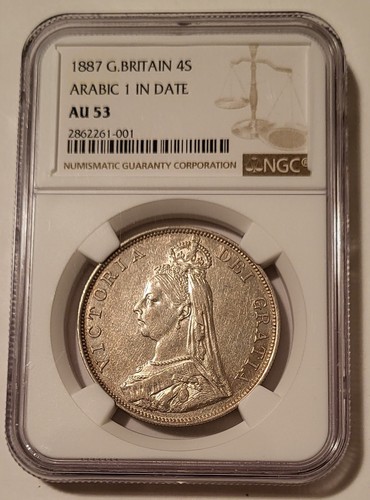 Great Britain Victoria 1887 Silver 4 Shillings Arabic 1 in Date AU53 NGC
