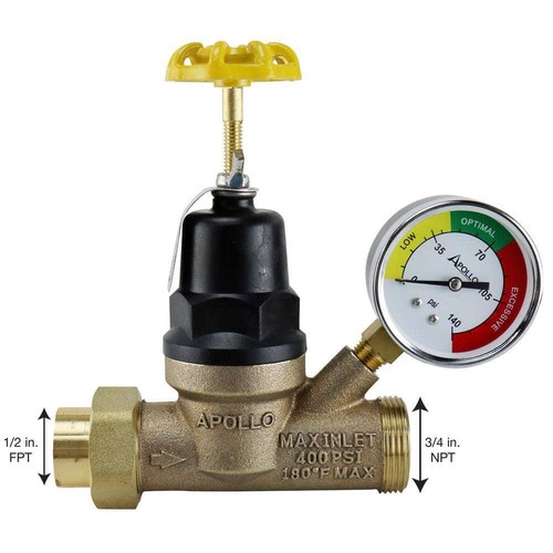 Apollo Lead Free Bronze Pressure Reducing Valve 1/2" FNPT x 3/4" MNPT w/ Gauge - Picture 2 of 6
