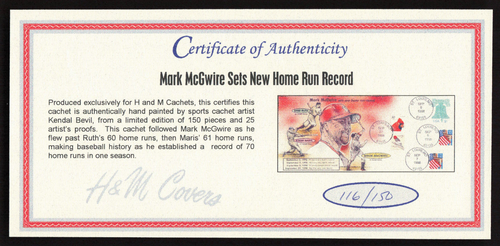 Mark McGwire Sets New Home Run Record w/CoA 1998 FDC Cover Bevil Cachet 116/150 - Picture 2 of 2