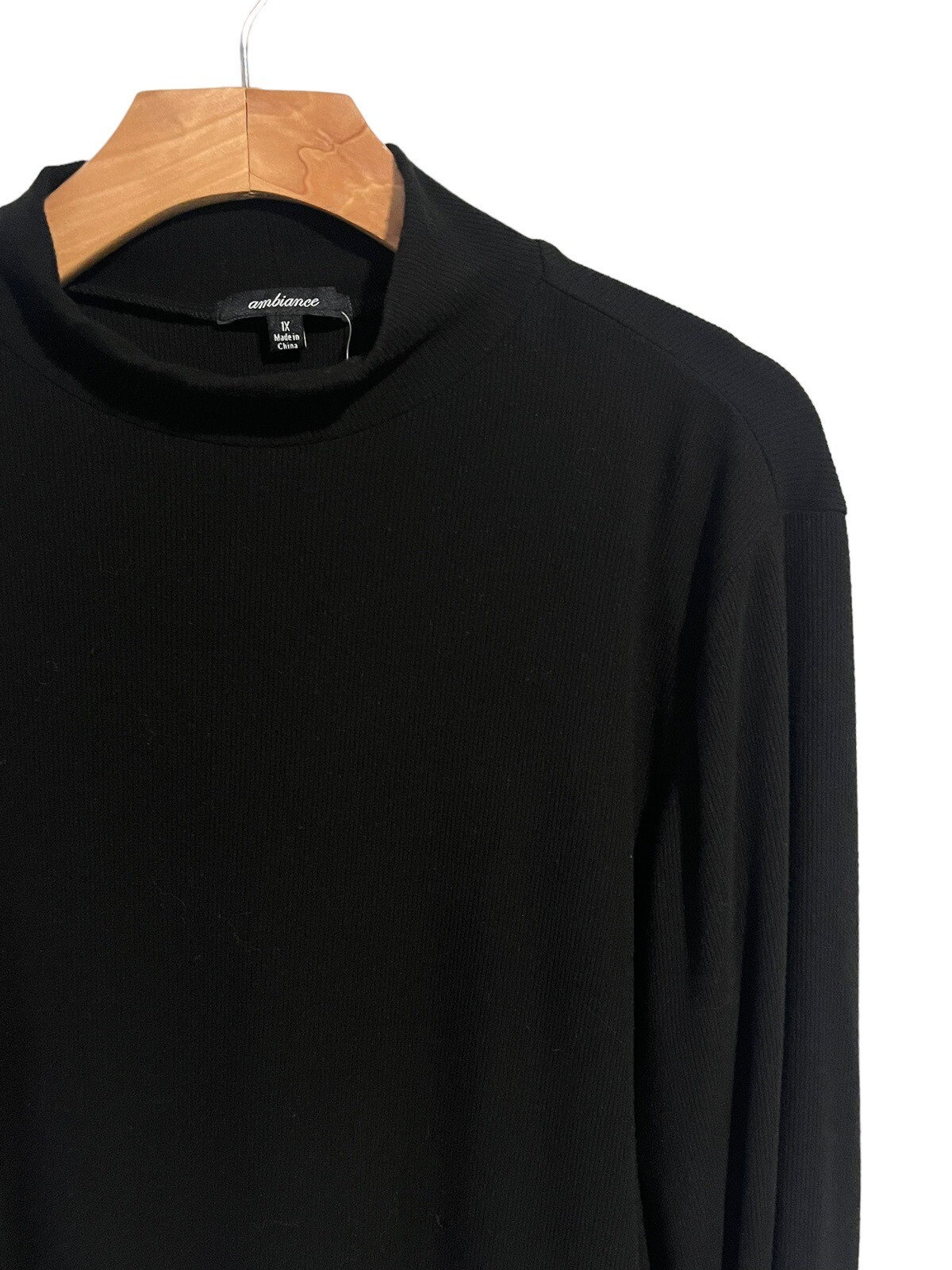 Ambiance Shirt Womens 1X Black Long Sleeve High Neck Ribbed Stretch Top NEW