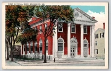 First National Bank Brunswick ME Maine WB Postcard c1920's Posted Pin Pals 1944