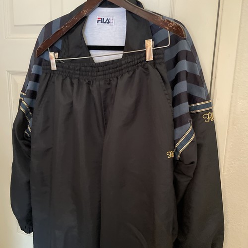 Vtg 80s FILA Track Suit Jacket + Pants Black Green Gold Zip Women's 10 - Picture 10 of 12