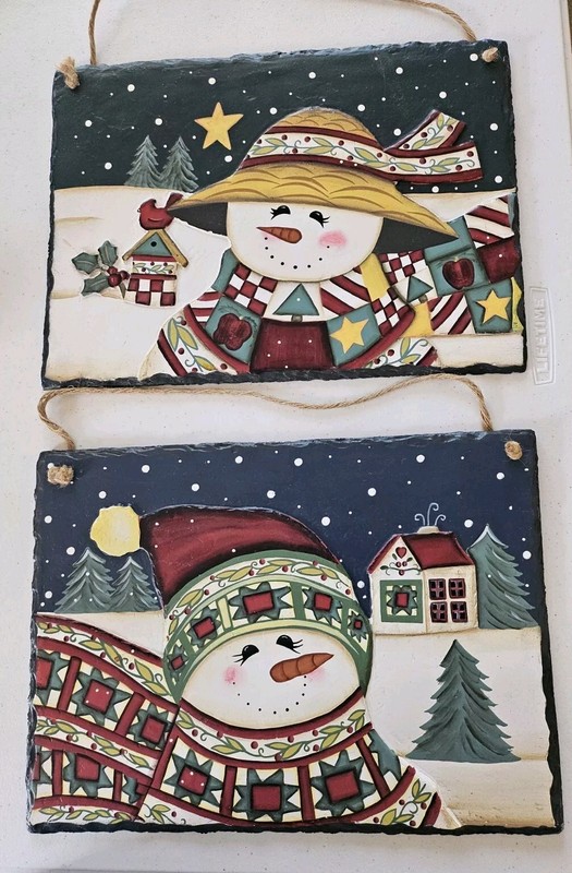 Christmas Mr & Mrs Snowman Hand Painted Slate Wall Hangings Decor 14" x 10" 