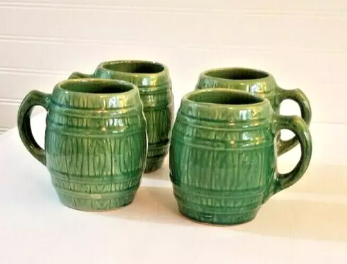 Set of 4 Vintage McCoy Barrel Mugs Green Pottery Tankards 1929
