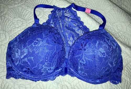 NWT PINK Victoria's Secret Bra 36D Blue Date Racerback Push Up Lace Front Close