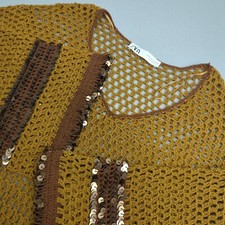 Zara Dress Womens Small Mustard Open Knit Tunic Sequins Cover Up Beachy Summer