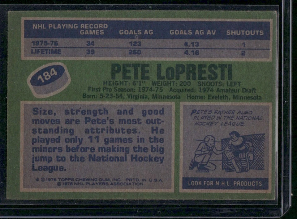 1976-77 Topps - Pete LoPresti #184 (RC) - Image 2 of 2