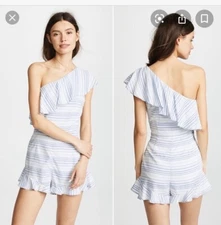 BB Dakota Womens Size 2 Coleen One Shoulder Romper Striped Blue White Ruffle