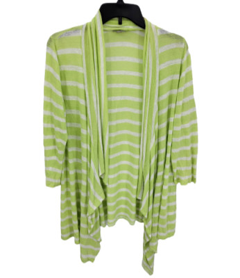 J Jill Sweater Womens Medium Lime Green White Stripe Linen Open Front Beach
