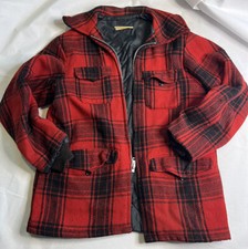 VTG Melton Outer-Wear Red Black Plaid Wool Coat Men’s SZ Large Made in USA