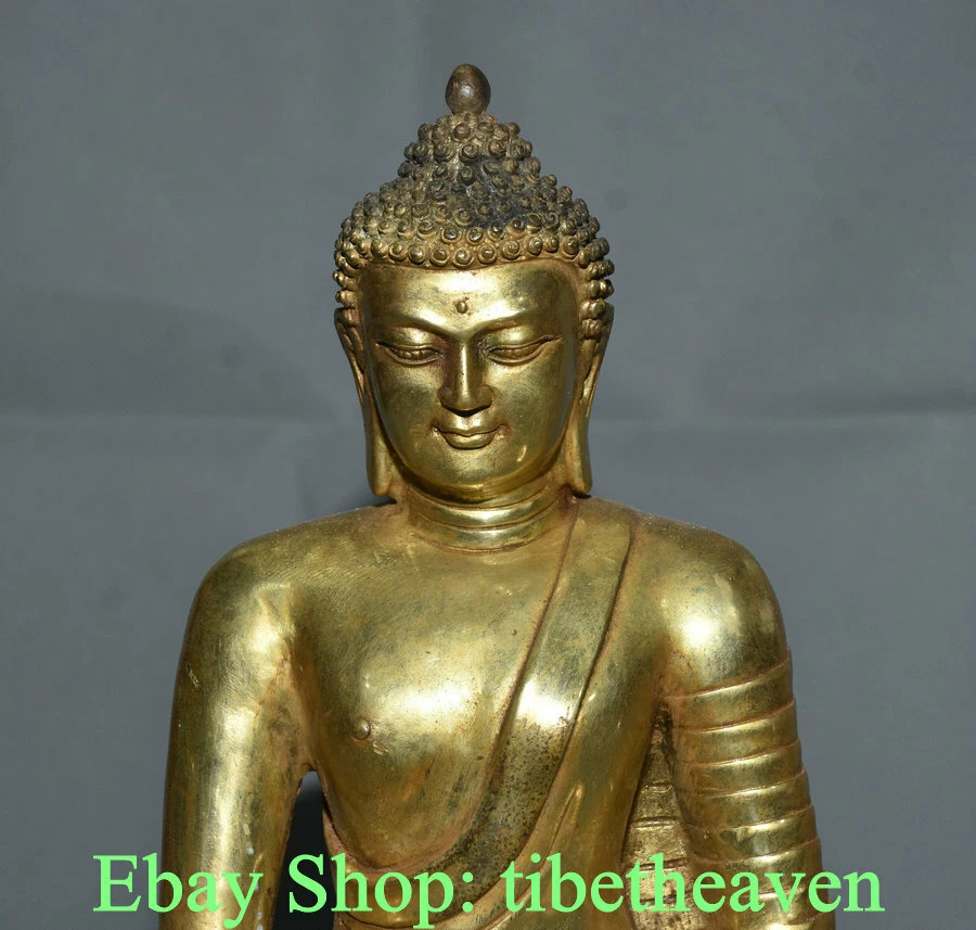 10.8" Old Tibetan Copper Gold Seat Shakyamuni Sakyamuni Amitabha Buddha Statue - Image 2 of 4