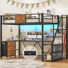 Stairway Twin Size Loft Bed with L Shaped Desk & Wardrobe, Metal Loft Bed Frame