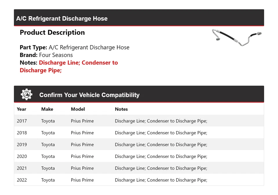 Manguera de descarga de refrigerante aire acondicionado Toyota Prius Prime 2017-2022 4 estaciones 2018 Foto 2 de 3