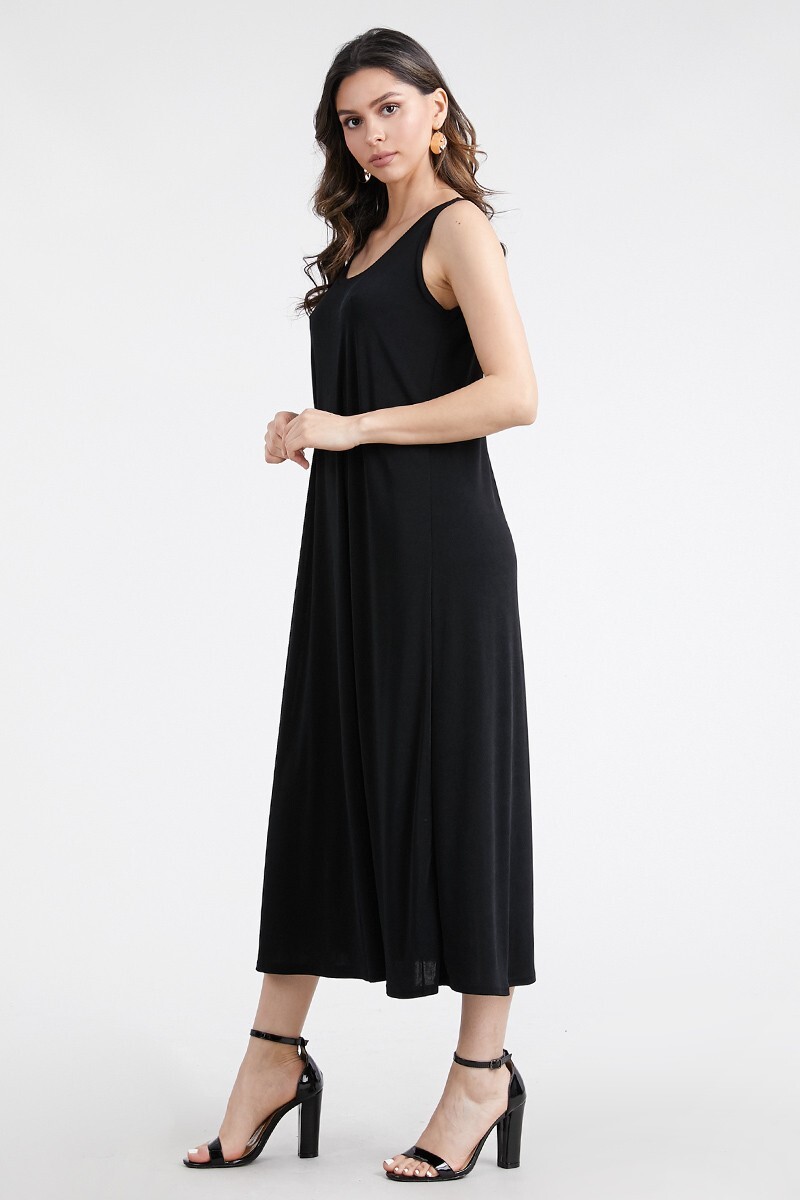 Travel Knit Dress, long A-Line Tank, Stretchy NO-IRON poly/span. Black 700