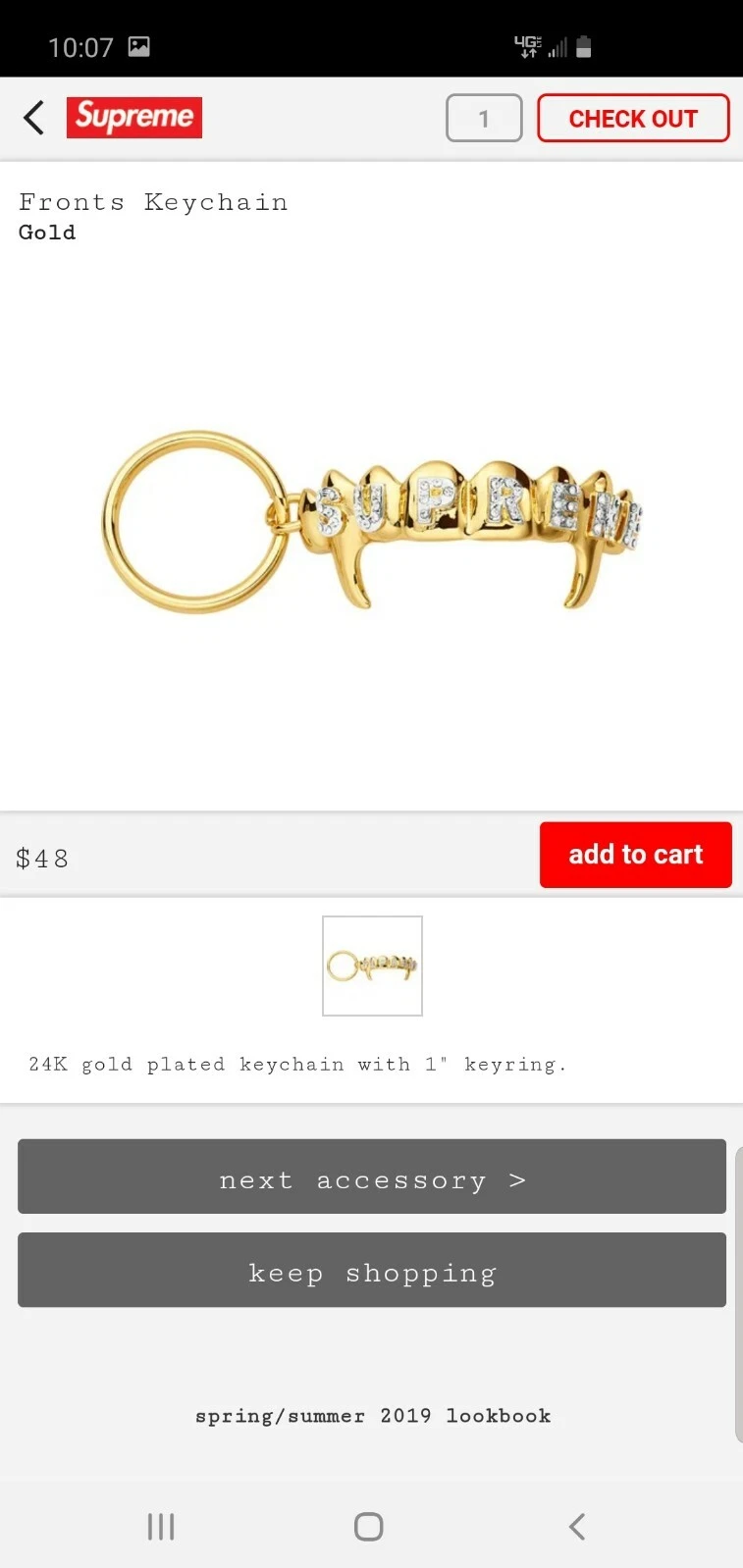 Porte clés Supreme Gold Fronts SS19 neuf avec étiquette
