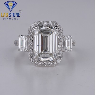 7.77 TCW Emerald & Round Cut Labgrown Diamond Ring 925 silver Labstone