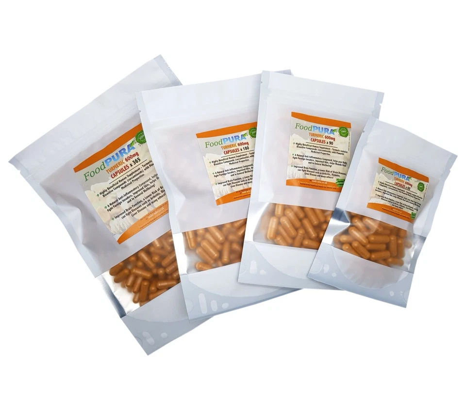 FOODPURA 600mg CLEAN Turmeric Capsules Curcumin 60, 90, 180, 365, Vegan Capsules