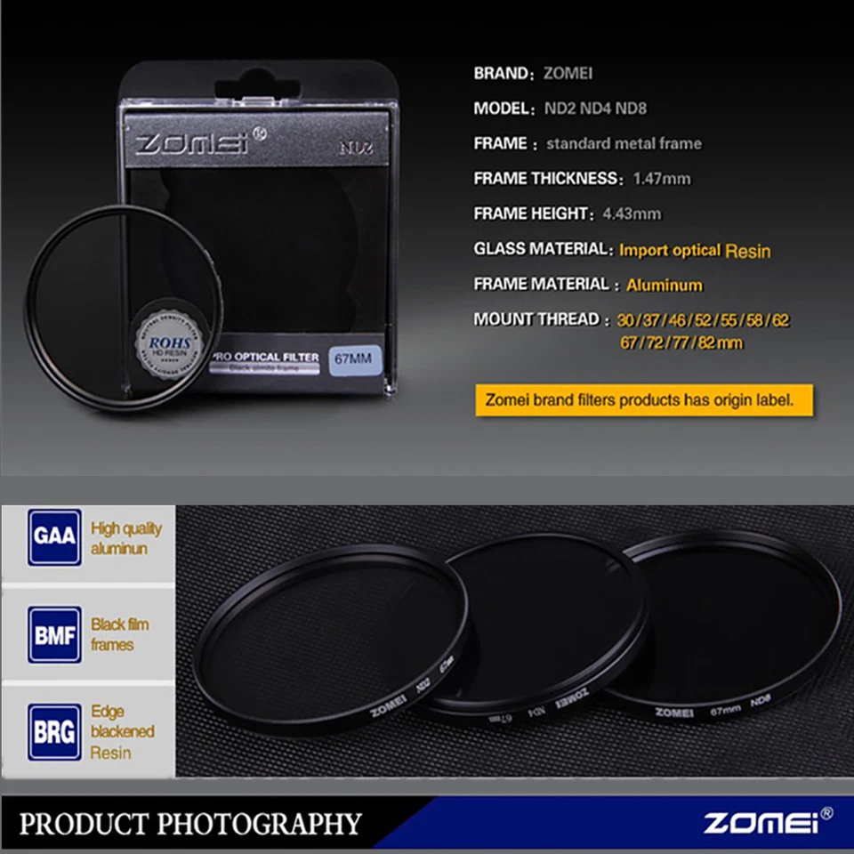 ZOMEI Optical Neutral density Filter ND2 37-82mm for Canon Nikon Sony Pentax - Image 3 of 4