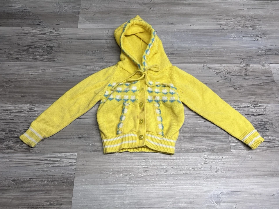 Vintage Kleinkind Pullover Strickjacke Kapuze Tasche Blumen Mädchen 12-18 Monate gelb