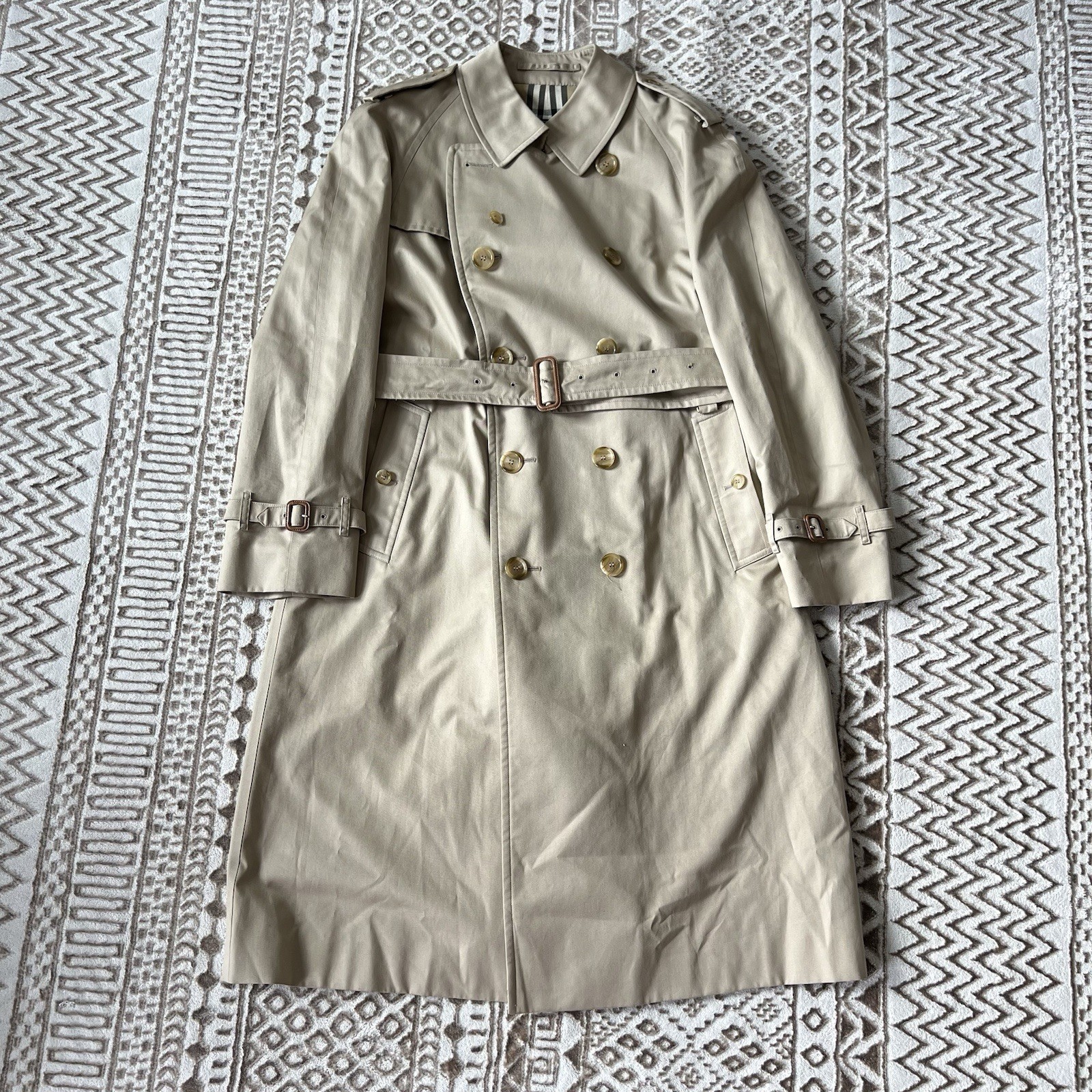 BURBERRY LONDON Men's Long Tan Belted Trench Coat in Nova Check - Size 42