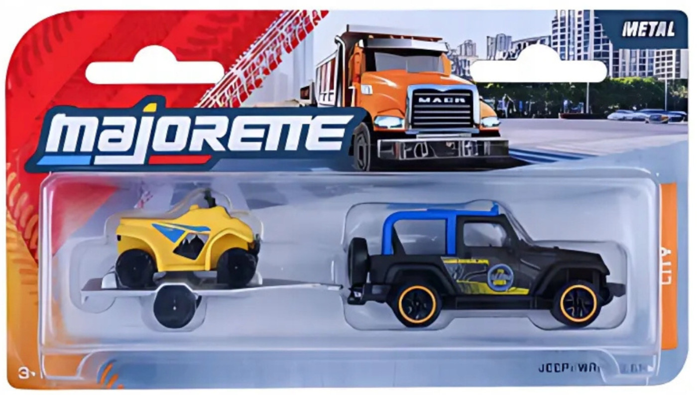 Car Jeep Wrangler + Quad Trailer Model Toy Diecast 1:64 Scale Majorette