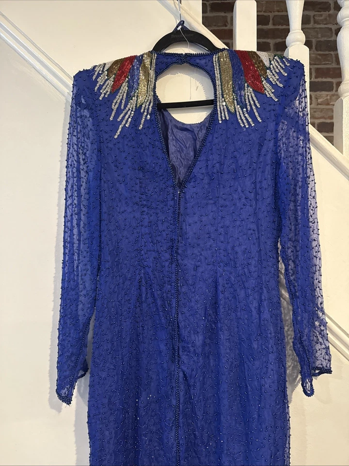 Vestido Largo Vintage Años 80 Azul Real Seda Cuentas Lentejuelas Mediano ¡Impresionante!! Foto 4 de 4