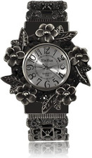 Women Vintage Cuff Bangle Watch Carved Flower Bracelet Analog Quartz Wristwatch