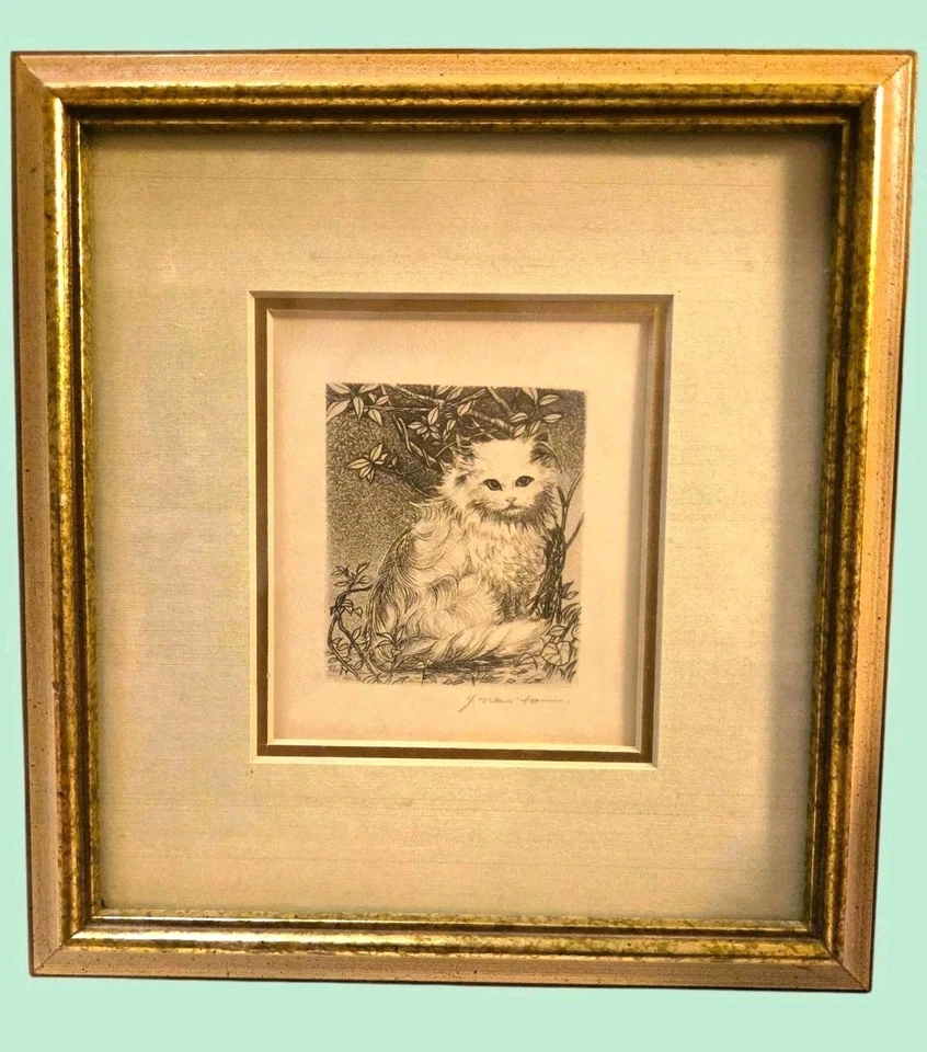 Vintage Print Cat Among Branches Japanese Artist Yachiyo Naito Gold Tone Frame - Image 2 of 4