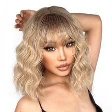 Blonde Wig with Bangs Synthetic Short Blonde Wigs for Women Dirty Blonde Wavy...