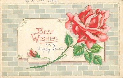 Best Wishes (for a Happy Easter) with Pink Rose - Vintage 1909 Postcard