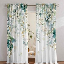 Gold Green Botanical Curtains 96 Inches Long for Living Room Eucalyptus Leaves