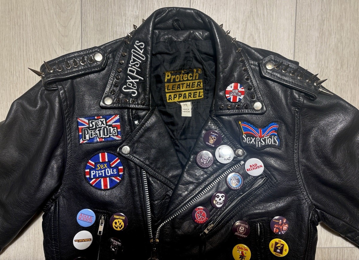 VTG 80s Sex Pistols Punk Rock Leather Jacket Studded Spiked