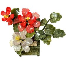 Vintage Jade Quartz Flowering Bonsai Tree Red Pink Flowers Jadeite Stone Pot