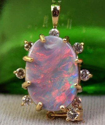 Estate Antique 14K Gold Large 10ct Black Opal Diamond Necklace Pendant