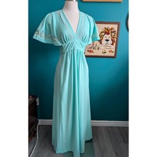 Vintage 70s Mint Green Evening Gown Crochet Lace Insert Formal Maxi Dress