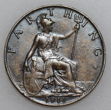 1911 GEORGE V FARTHING, BRITISH BRONZE COIN, UNC
