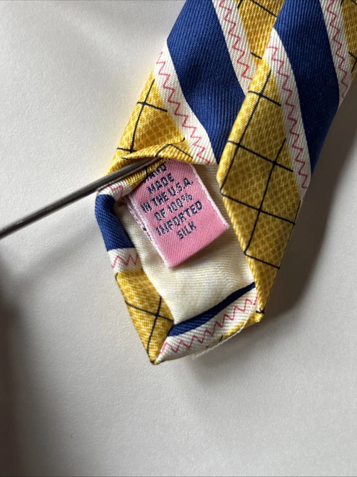 Corbata Vineyard Vines Repp seda amarillo azul rayas cuadros 60” hecha a mano EE. UU. Foto 4 de 4
