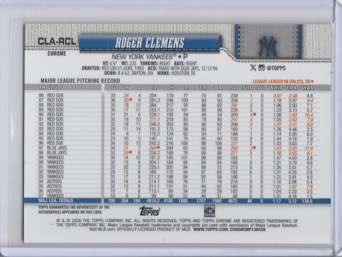 2026 TOPPS CHROME #CLA-RCL ROGER CLEMENS TRUE GOLD AUTO #07/50 YANKEES 080526 view 2
