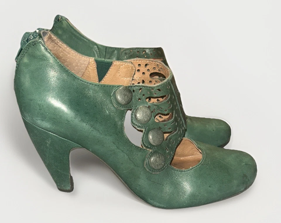 Miz Mooz Sharon Green Leather Retro Pumps Heels Back Zip Buttons Eyelets Sz 6.5 - Image 2 of 4