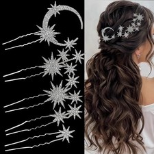 5 Pcs Celestial Crystal Bridal Hair Pins Set, Star Moon Rhinestone Silver